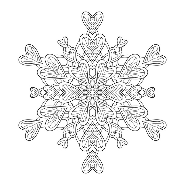 Декоративная мандала с узорами сердца и цветов на белом изолированном фоне. Для раскраски страниц книг. - Вектор,изображение
