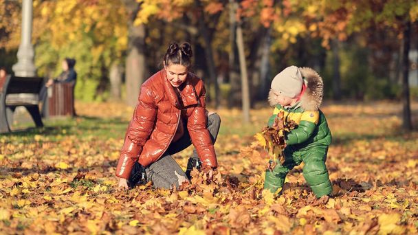 Mama i syn rzucają jesiennymi liśćmi w jesiennym parku, rodzinna zabawa. rodzina ciesząca się spacerem w przyrodzie. szczęśliwa koncepcja macierzyństwa. - Zdjęcie, obraz