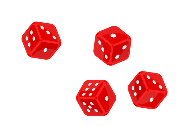 白い背景に隔離された飛行中の赤いサイコロ。カジノのギャンブルとエンターテイメント。飛行中の白い点のアイコンを持つボードゲームダイス。ポーカーキューブ。アプリ、ウェブ、インフォグラフィック、広告、モックのために。ストックベクトルイラスト - ベクター画像