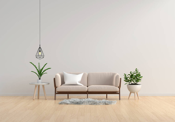 Sofá marrom na sala de estar branca para maquetes, renderização 3D - Foto, Imagem