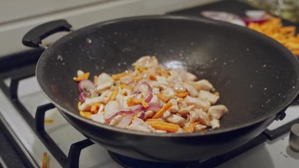 Asar verduras y pollo en un wok sobre un fuego. Cocinar cocina asiática. Cocinar cocina mediterránea. Udon se fríe en un wok. El whisky se prende fuego en una sartén. - Metraje, vídeo
