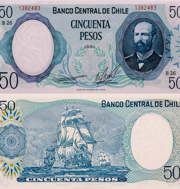 Kapitein Arturo Prat Portret uit Chili 50 Pesos 1981 Bankbiljetten. de marinecommandant Arturo Prat die een nationale held werd na zijn dood tijdens de Pacifische Oorlog in de Slag bij Iquique in 1879.  - Foto, afbeelding