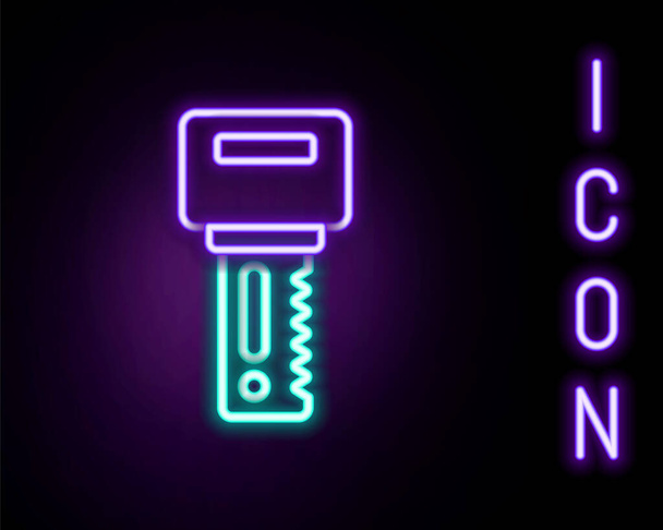 Świecąca neonowa linia Klucz samochodowy z ikoną zdalnej izolacji na czarnym tle. Kluczyki i system alarmowy. Kolorowy koncept. Wektor - Wektor, obraz