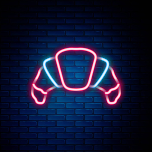 Zářící neonová čára Croissant ikona izolované na pozadí cihlové zdi. Barevný koncept. Vektor - Vektor, obrázek