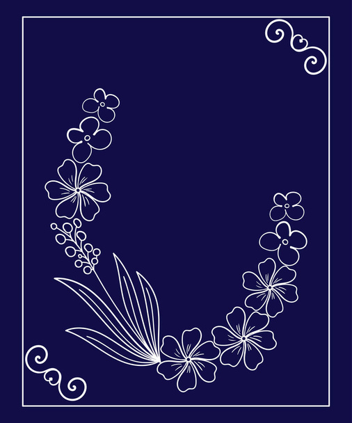 Marco cuadrado con flores en estilo garabato, Marco en blanco para la inscripción, Flores sobre un fondo azul oscuro. Invitación, postal, banner. - Vector, Imagen