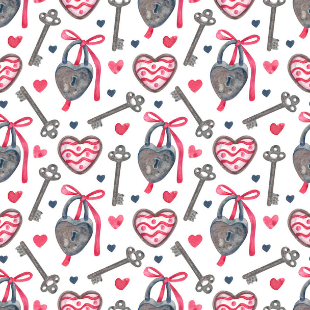 Акварель винтажный бесшовный узор с ключами, висячими замками и сердцами на день Святого Валентина или свадьбы. Отлично подходит для тканей, оберточной бумаги, обоев, чехлов. Розовый, красный и индиго цвета - Фото, изображение