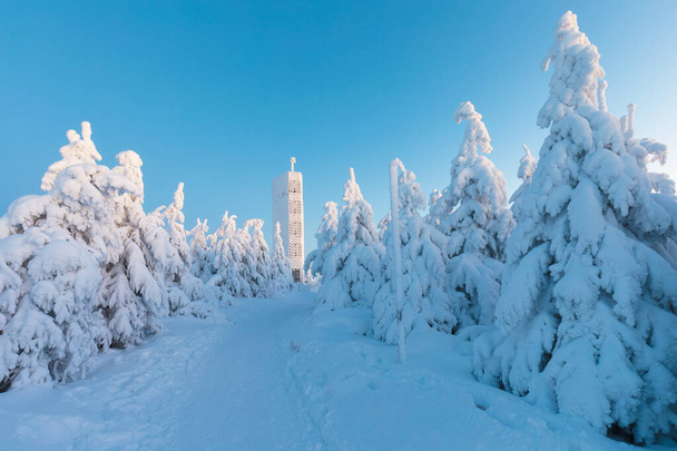 Új kilátó alakú pentagon, Velka Destna, Orlicke hegyek, Kelet-Csehország Gyönyörű téli táj fagyos fák Eagle hegyek, si 150km-re Prága. - Fotó, kép