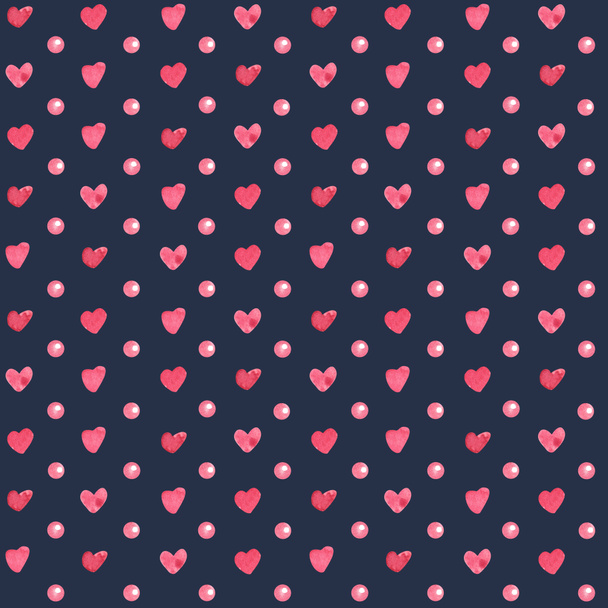 Watercolor seamless pattern with pink pearls or polka dots and hearts on dark background. Great for fabrics, wrapping papers, wallpapers, covers. Hand painted illustration for Valentine's day. - Photo, Image