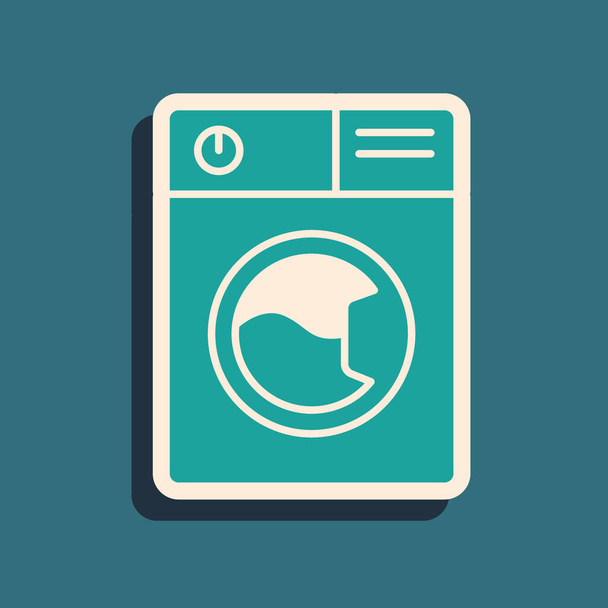Green Washer εικόνα απομονώνονται σε πράσινο φόντο. Εικονίδιο πλυντηρίου. Πλυντήριο ρούχων - πλυντήριο ρούχων. Σύμβολο οικιακής συσκευής. Μακρύ στυλ σκιάς. Διάνυσμα - Διάνυσμα, εικόνα