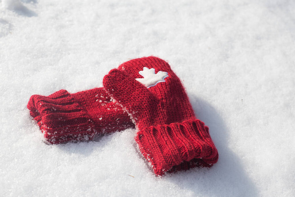 пара червоних в'язаних рукавиць, що лежать на снігу
 - Фото, зображення
