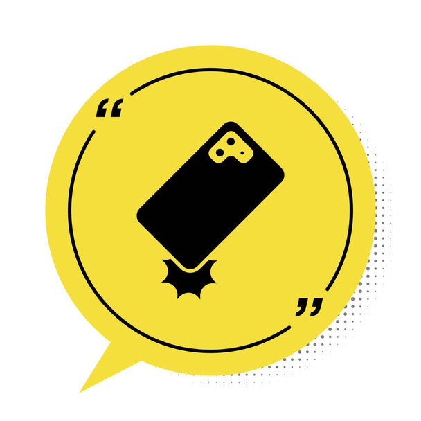 Musta Iskunkestävä matkapuhelin kuvake eristetty valkoisella taustalla. Keltainen puhekuplan symboli. Vektori - Vektori, kuva