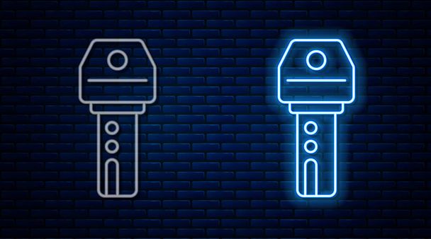 Leuchtende Leuchtschrift Autoschlüssel mit Fernbedienung Symbol isoliert auf Ziegelwand Hintergrund. Autoschlüssel und Alarmanlage. Vektor - Vektor, Bild