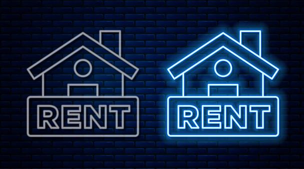 Glowing neon line Hanging sign with text Rent icon isolated on brick wall background. Signboard with text For Rent.  Vector - Vector, Image