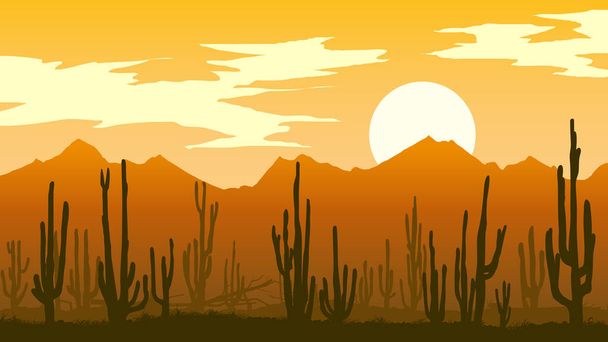 Horizontal illustration of desert with cacti and mountain rocks at sunset in orange tone. - Vector, Image