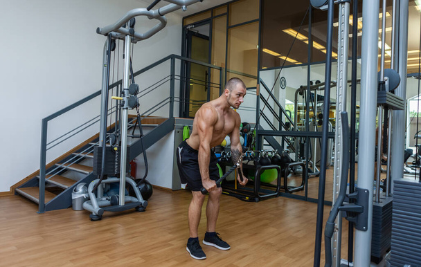 Lihaksikas kehonrakentaja komea mies alaston vartalo kouluttaa triceps crossover kaapeli käyttää konetta moderni kuntosali - Valokuva, kuva