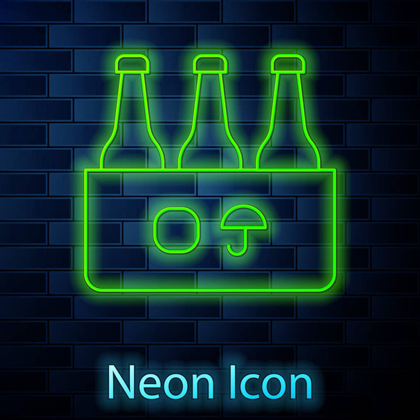 Glowing neon line Pack of beer bottles icon isolated on brick wall background. Case crate beer box sign.  Vector - Vector, Image
