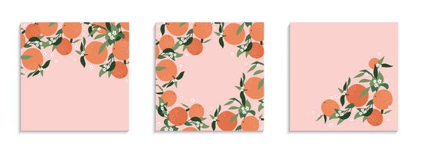 オレンジ、葉、ピンクの背景の抽象的な枝からのポストカードのセット。自然背景ベクトル。はがき、背景、ステッカー、インテリアや他のユーザーに適しています. - ベクター画像