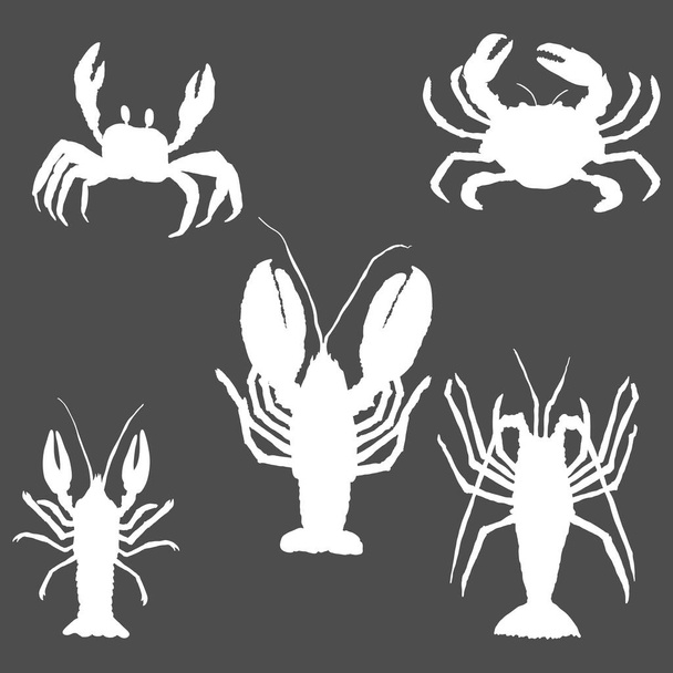 Conjunto vectorial de animales marinos. Omar, Langosta y Cangrejo. Crustáceos Silueta Ilustraciones. - Vector, Imagen