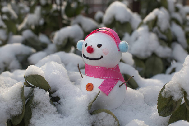 χαριτωμένο χιονάνθρωπος στέκεται στο χιονισμένο πεδίο το χειμώνα - Φωτογραφία, εικόνα