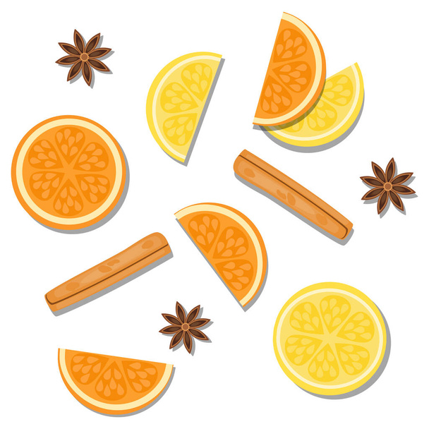 векторная иллюстрация закрывает вид сверху на нарезанный свежий ингредиент. Лимон, оранжевый, желтый, свежий, корица палка, анис звезды, - Вектор,изображение