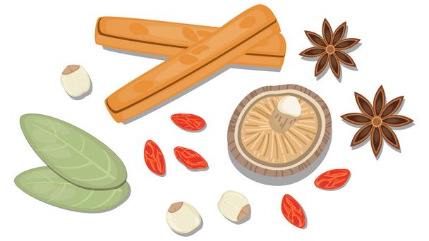 Flat Lay Food stílusú vektor illusztrációja összetevő, elszigetelt fehér alapon. Kínai hagyományos gyógynövény. fahéjpálcika, goji bogyó, farkasbogyó, gomba, shiitake, csillagánizs, babérlevél. - Vektor, kép