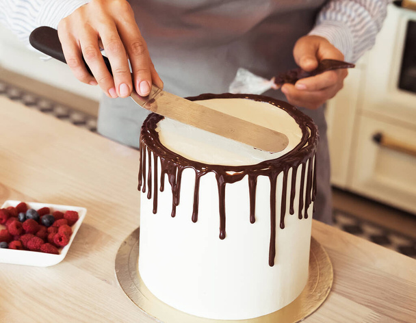 Lifestyle, people, cooking and freelance concept: close up Female hands decorate the cake with chocolate - Photo, Image
