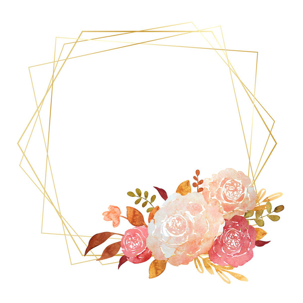 Blush Florals Gold Modern Geometric Frame Πρόσκληση γάμου με χλωμό κοράλλι και ροζ τριαντάφυλλα για προσκλήσεις γάμου, κάρτες, scrapbooking, εκτύπωση διακοπών. - Φωτογραφία, εικόνα