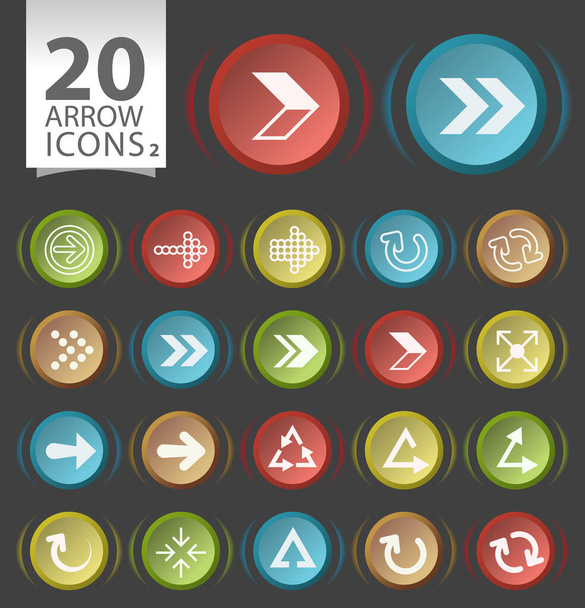 Set of 20 Circular Modern Buttons with Flat Arrow Icons on Black Background - Vector, Image