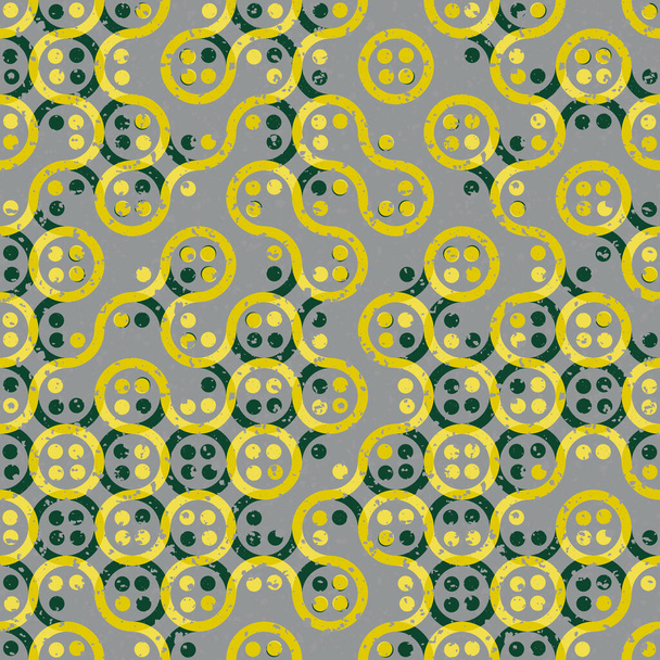 Truchet arte generativo círculos aleatorios y líneas onduladas vector fondo patrón sin costura. Fondo de formas y puntos ondulados, circulares, amarillos y grises con textura de efecto grunge. Moderno por todas partes imprimir - Vector, Imagen