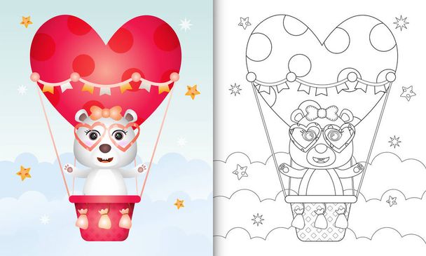 kleurboek voor kinderen met een schattig ijsbeer vrouwtje op hete lucht ballon liefde thema Valentijnsdag - Vector, afbeelding