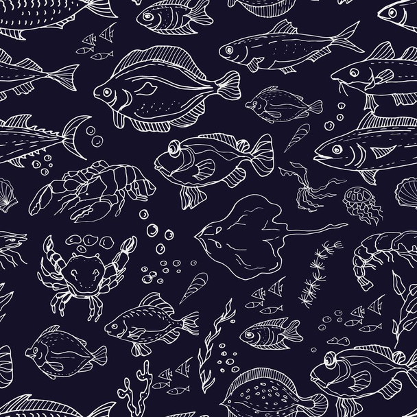 PrintSea food, fish, shellfish, crabs, delicacies. Graphic illustration hand-drawn, doodle, sketch, engraving. Print, textiles, paper. - Vettoriali, immagini