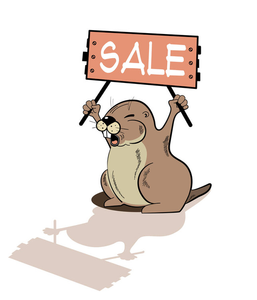 Lustiges Murmeltier mit einem "Verkauf" -Plakat. Vector niedliche Figur ruft zum Einkaufen vor dem Groundhog Day Festival. Isoliert auf weißem Hintergrund. - Vektor, Bild