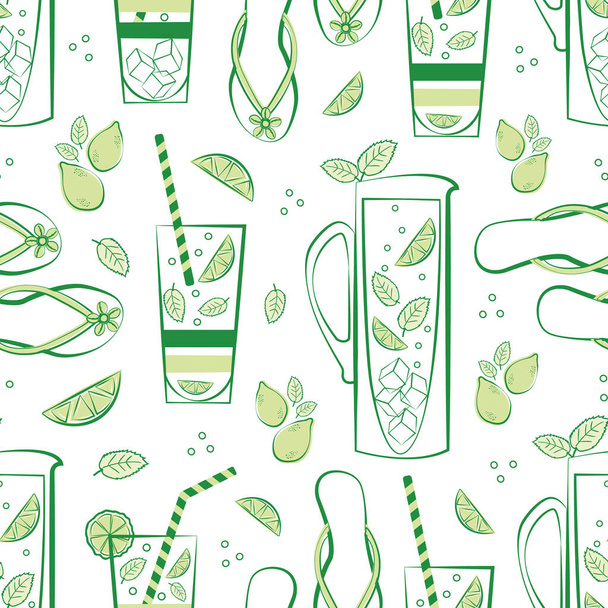 Mint lemonade pitcher, glass, flip flop vector seamless pattern background. Green white backdrop with hand drawn jug, drinks glasses, citrus fruit, minty leaves, sandals. Repeat for summer beach party - Vector, Image
