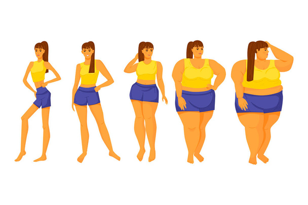 Body-Mass-Index. Mädchen unterschiedlicher Gestalt. Ernährung. Adipositas. Magersucht. Illustration eines Aktienvektors. Vereinzelt auf weißem Hintergrund. Cartoon-Design. - Vektor, Bild
