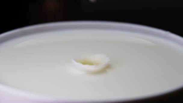 牛乳のドロップは、充填カップに落ちる。スローモーション. - 映像、動画