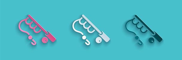 Paper cut Fishing rod icon isolated on blue background. Fishing equipment and fish farming topics. Paper art style. Vector. - Vector, Image
