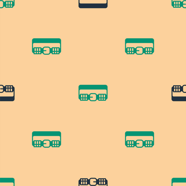 Zelený a černý pás lovecké kazety s ikonou kazety izolovaný bezešvý vzor na béžovém pozadí. Znamení Bandolier. Lovecké vybavení, výzbroj. Vektor. - Vektor, obrázek