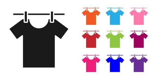 Black Drying clothes icon isolated on white background. Clean shirt. Wash clothes on a rope with clothespins. Clothing care and tidiness. Set icons colorful. Vector. - Vector, Image