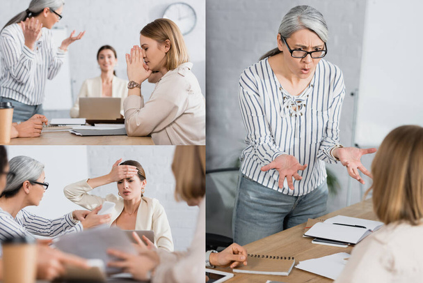 collage of worried interracial businesswomen near colleagues on blurred foreground  - Photo, Image