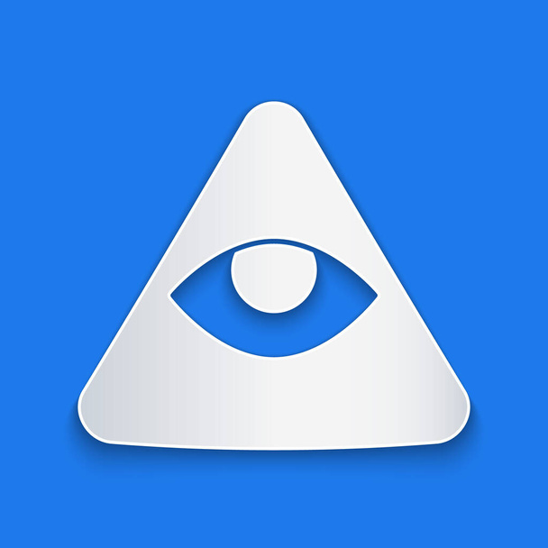 Paper cut Masons symbol All-seeing eye of God icon isolated on blue background. The eye of Providence in the triangle. Paper art style. Vector. - Vector, Image