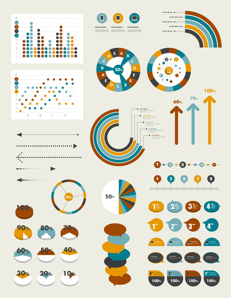 Set of infographic elements. Collection of graphs, charts, speech bubbles, arrows, text fields. Circle template. Simply minimalistic flat design. - Vector, Image