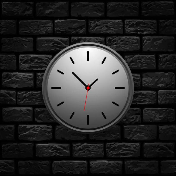 Λευκό μηχανικό ρολόι σε ένα σκούρο μαύρο τοίχο τούβλο Διανυσματική απεικόνιση - Φωτογραφία, εικόνα