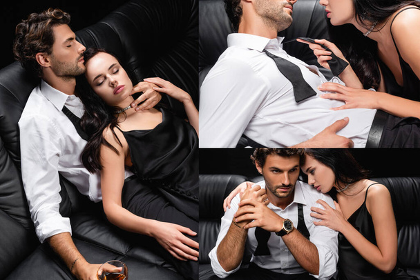 collage of sexy woman in satin dress and man with glass of whiskey on leather couch isolated on black - Fotoğraf, Görsel