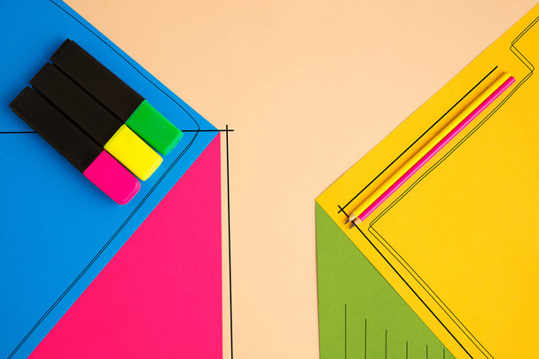Stationery in bright pop colors with visual illusion effect, modern trendy line art - 写真・画像