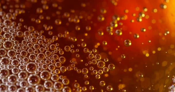 Folyékony felületen lebegő buborékok. Absztrakt közeli kép sörről, almaborról vagy prosecco-ról. - Felvétel, videó