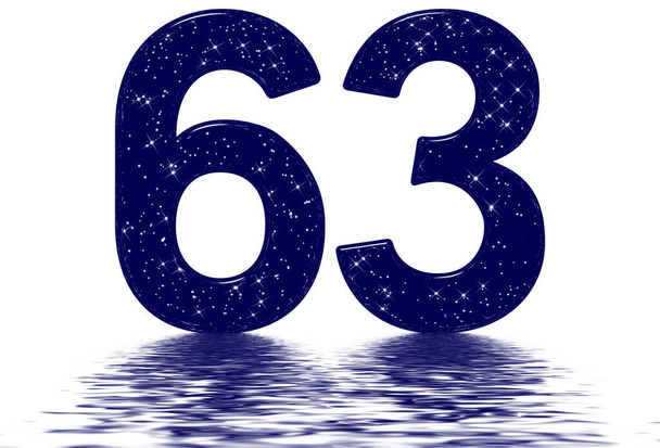 Ziffer 63, dreiundsechzig, Nachahmung der Sternenhimmel-Textur, reflektiert auf der Wasseroberfläche, isoliert auf weiß, 3D-Render - Foto, Bild