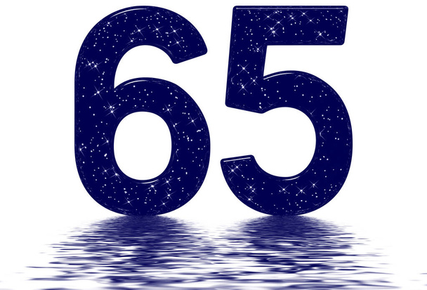 65-ös szám, hatvanöt, csillag ég textúra utánzat, tükröződik a víz felszínén, elszigetelt fehér, 3d render - Fotó, kép