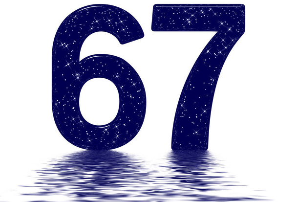 67-es szám, 67-es szám, csillagégbolt textúra utánzat, tükröződik a víz felszínén, elszigetelt fehér, 3d render - Fotó, kép