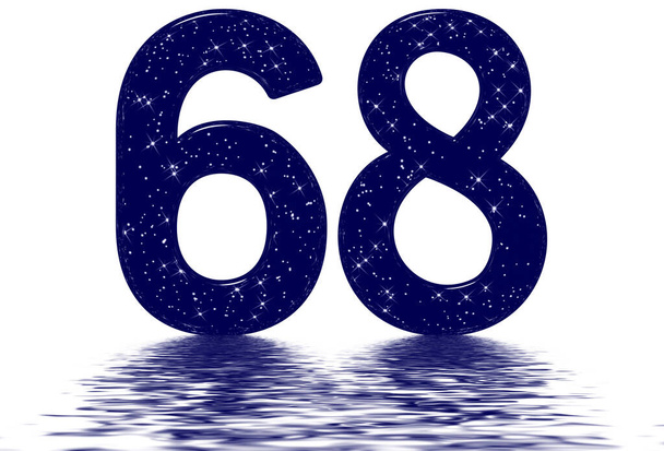 Numeral 68, sesenta y ocho, imitación de la textura del cielo estrellado, reflejado en la superficie del agua, aislado en blanco, 3d render - Foto, Imagen