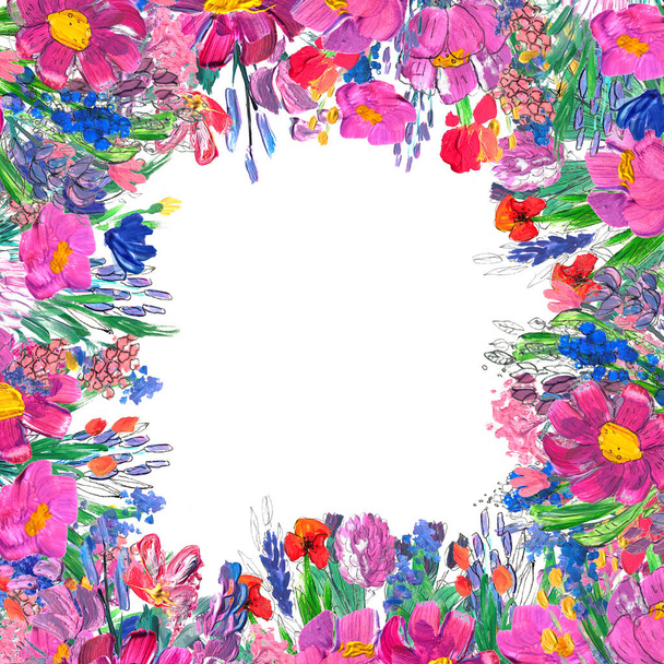 Hand-painted floral border. Wildrlowers on white background - Valokuva, kuva